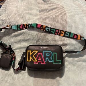 NWT 2 Pieces Karl Lagerfeld Black Camera Bag and Coin Pouch with Multicolor Logo